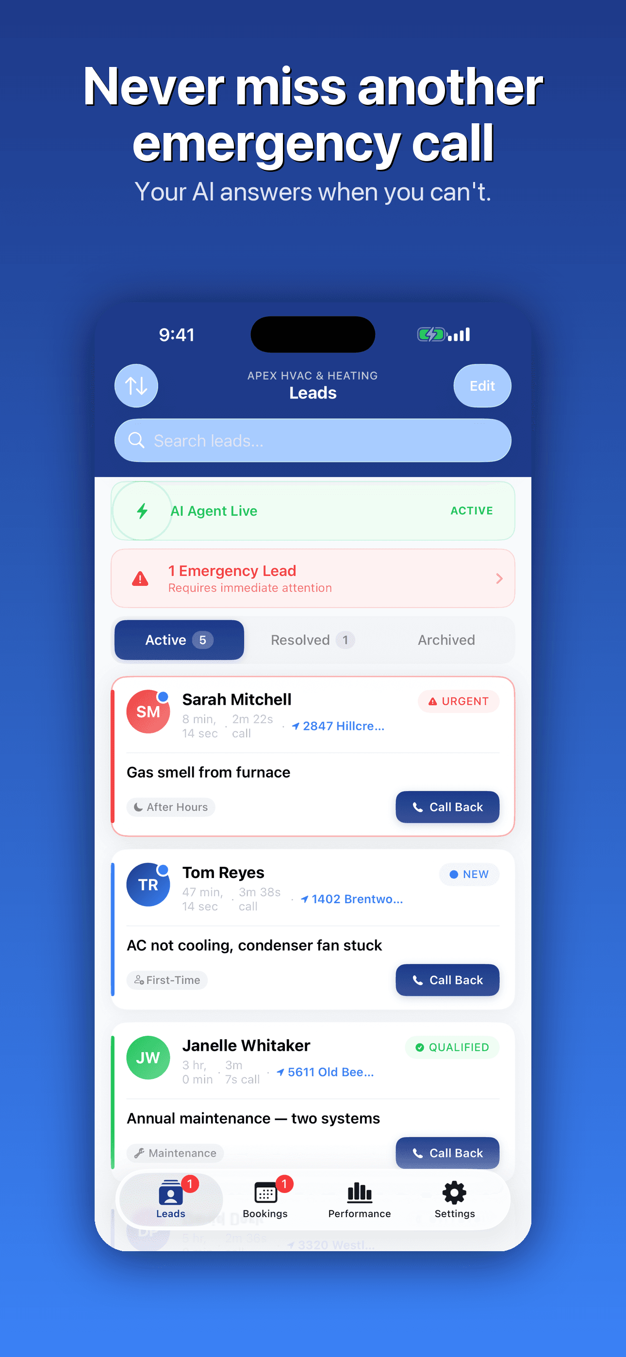 ServCall — emergency lead queue with active call indicator