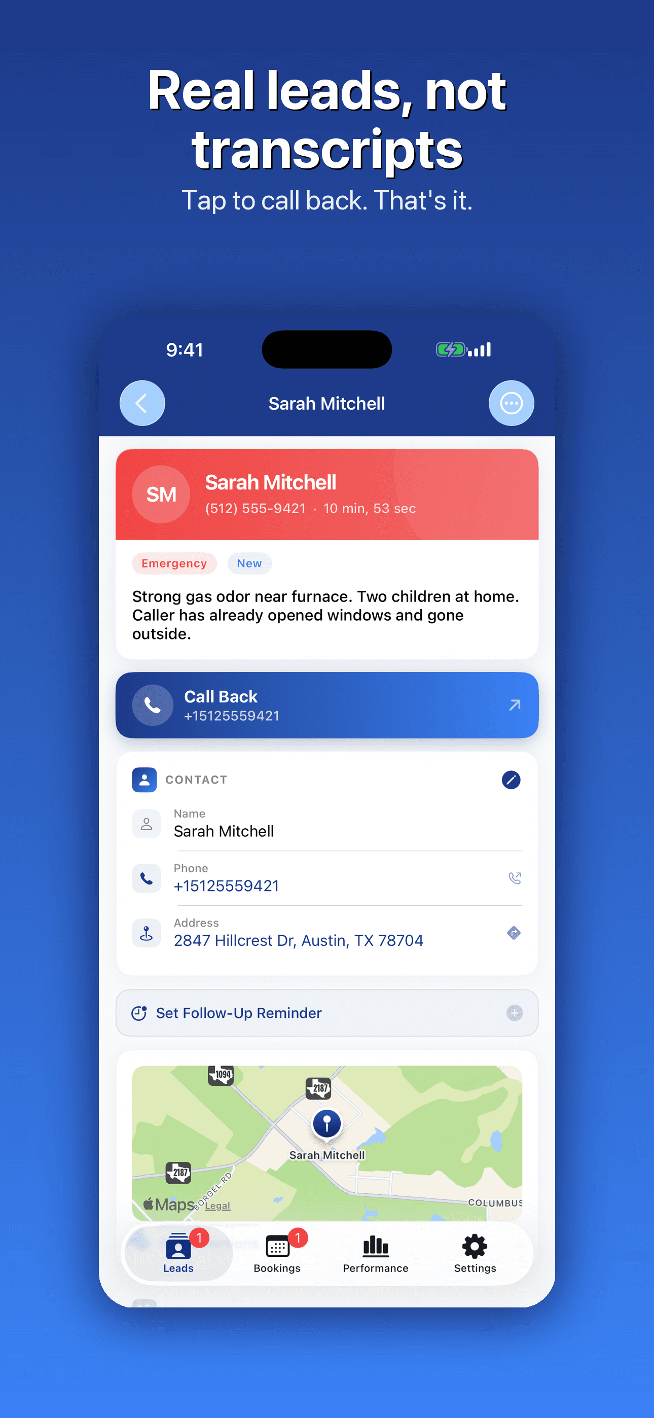 ServCall — structured lead detail with one-tap callback